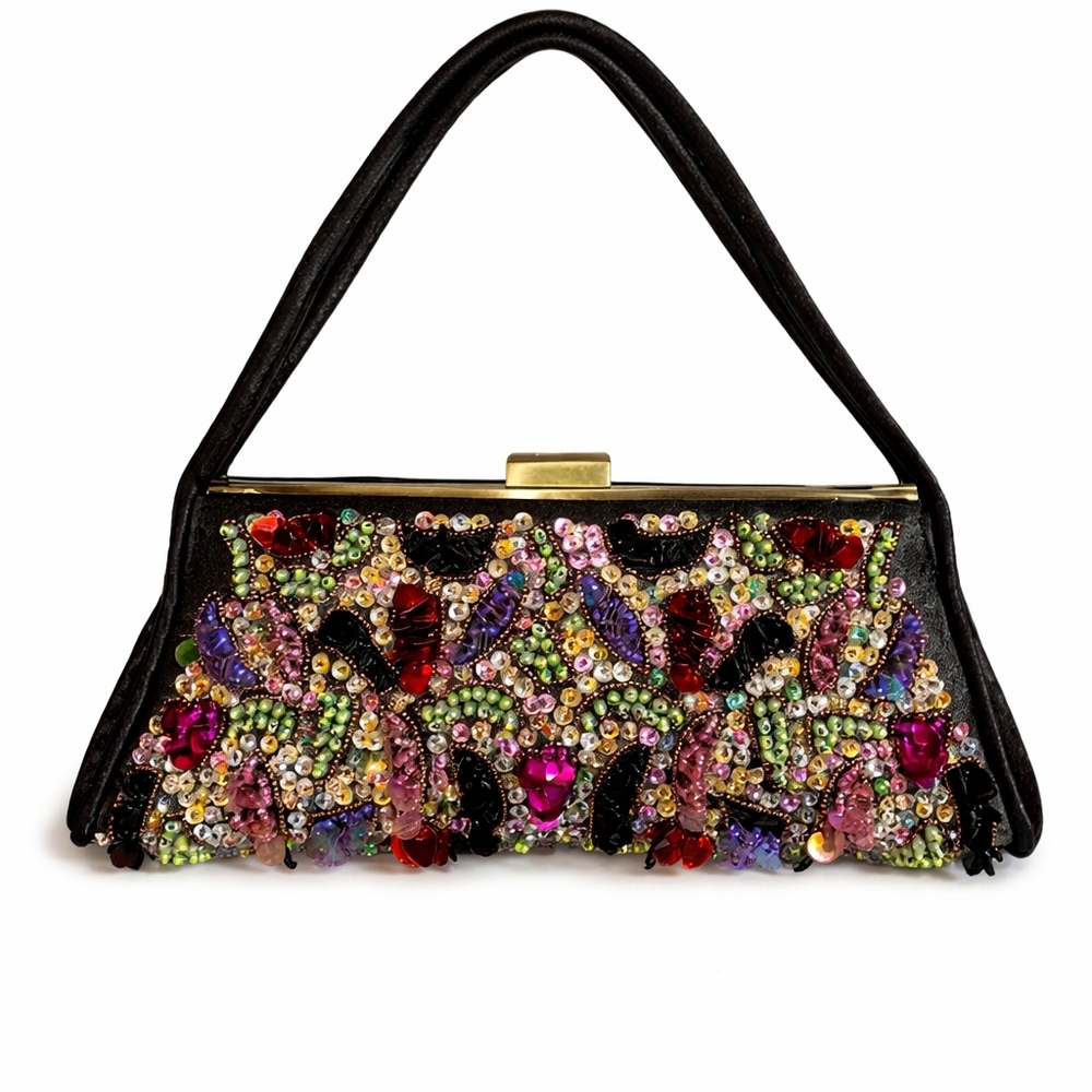 1960s Retro Vintage Beaded Purple Green Embellished Black Satin Evening Bag